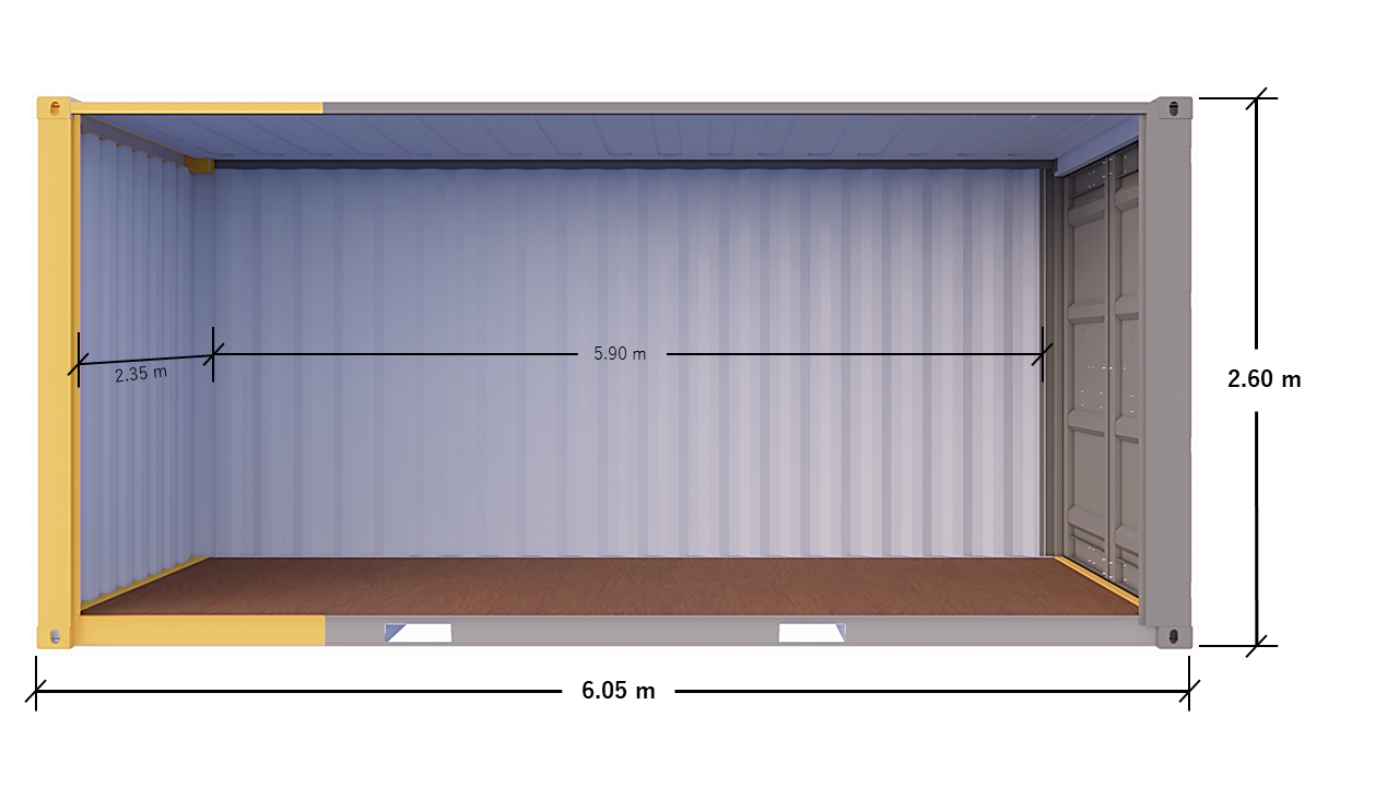 CONTENDOR 20′ – DEPOSITO – VISTA FRONTAL INTERNA (ACOTADA)