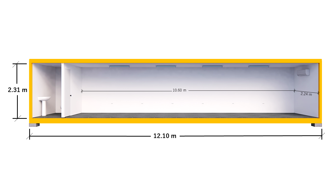 CORREGIDA MODULAR 40′ CON MEDIO BAÑO – VISTA FRONTAL INTERNA (ACOTADA)