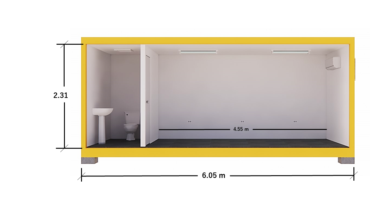 MODULAR 20′ CON MEDIO BAÑO – VISTA FRONTAL INTERNA (ACOTADA)