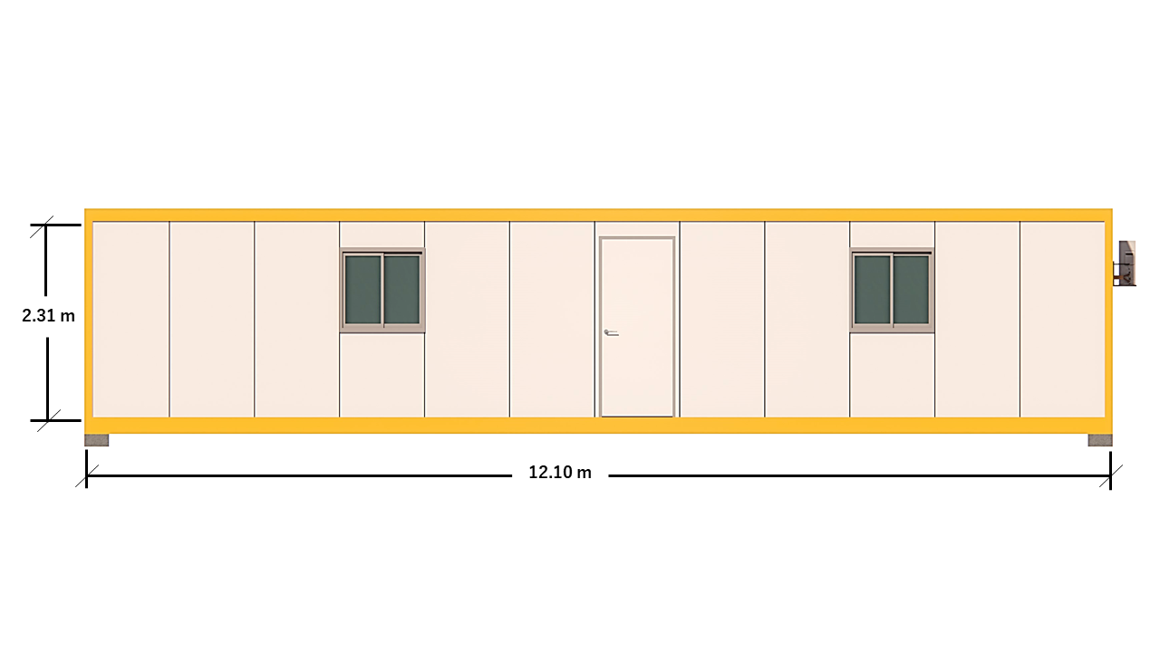 MODULAR 40′ CON MEDIO BAÑO – VISTA FRONTAL (ACOTADA)